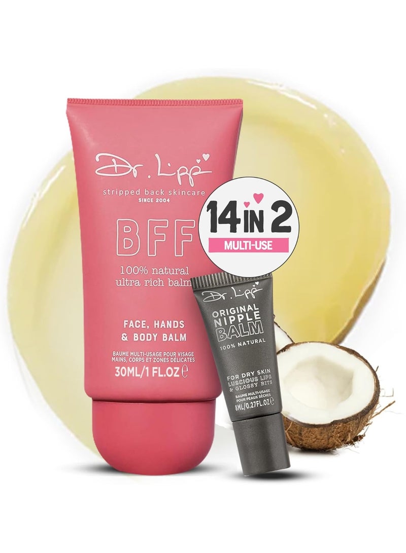 DR. LIPP Dry Skin Heroes [BFF ultra rich Balm 30ml & Original Nipple Balm 8ml] - 14-in-TWO Multi-Use Balms for Lips, Nipples & More - 100% Natural Coconut Oil & Lanolin - Fragrance & Cruelty Free